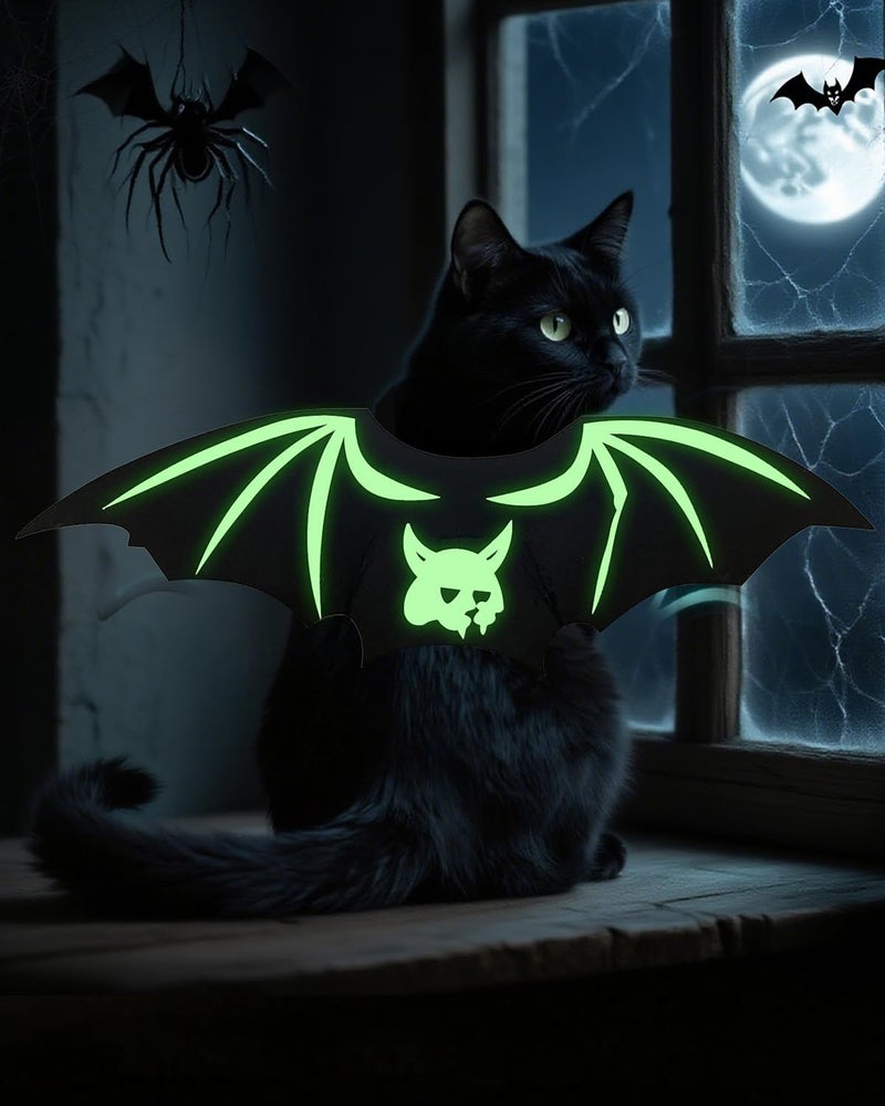 Fiemack Cat Halloween Costume Bat Wings - Glow in The Dark Pet Halloween Party Cosplay Dress Up Accessories for Cats Small Puppy Dog - Image 1